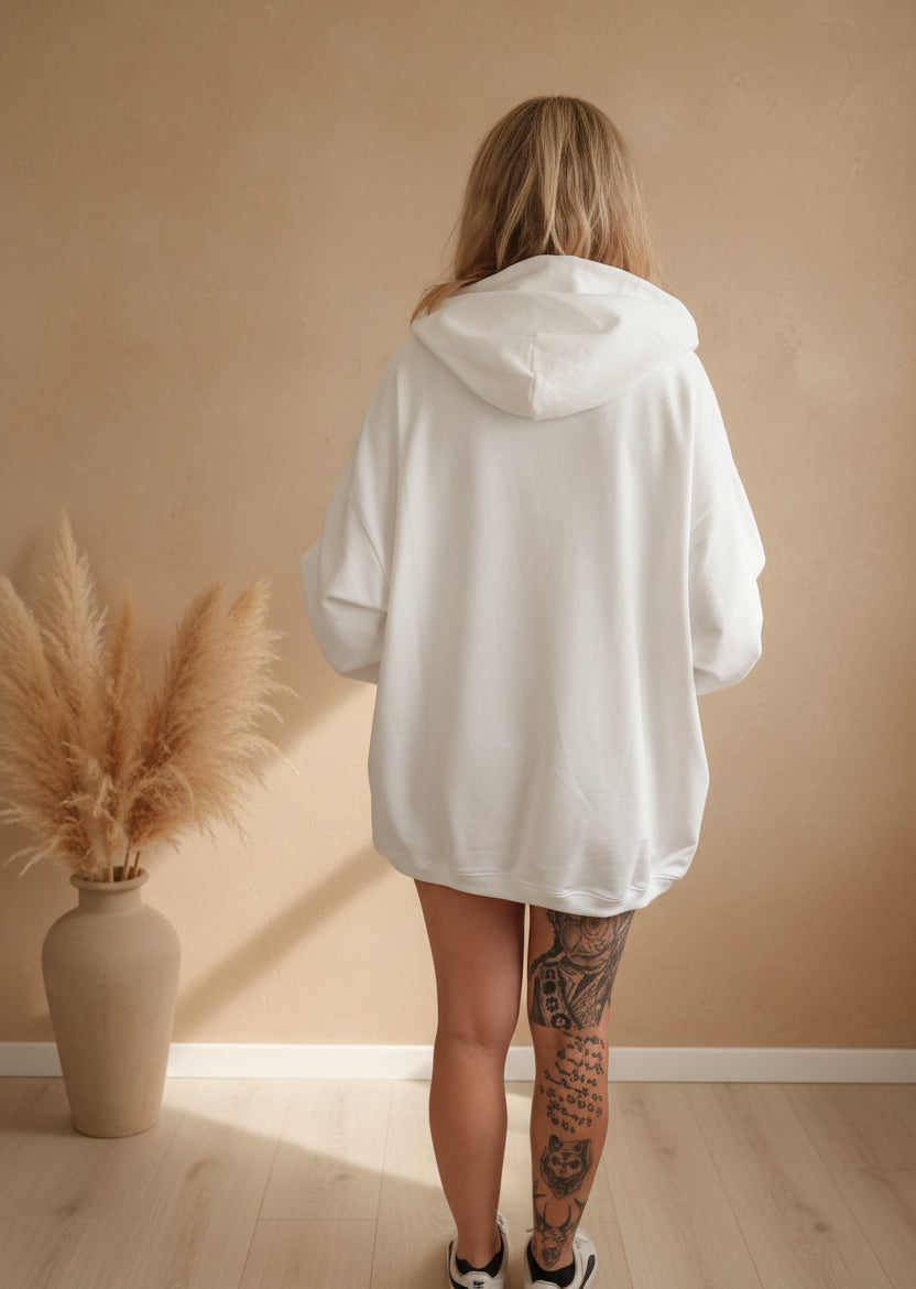 Hoodie Damen Detail Innenetikett – Kapuzenpullover weiß Nahaufnahme Verarbeitungsqualität