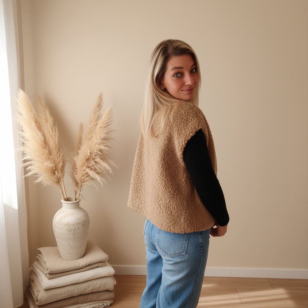 Seitliche Rückansicht einer khakifarbenen Teddyfell-Weste für Damen, weiches Teddyfell und lockerer Layering-Schnitt