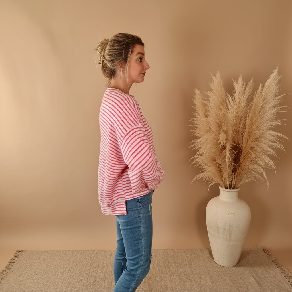 Seitenansicht Damen Sweatshirt mit rosaweißen Querstreifen und weitem Ärmel