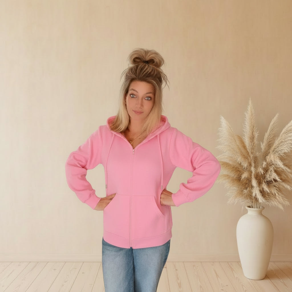 Hoodiejacke Zwillingsherz Love Damen, rosa, Ansicht am Model mit Herzmotiv