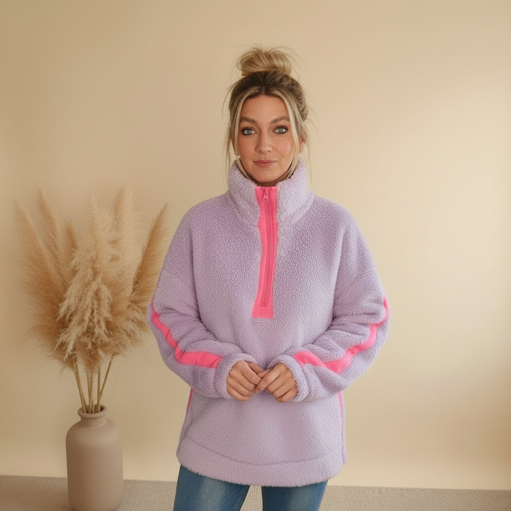 Flieder Teddy Sweater Damen mit großer aufgesetzter Fronttasche