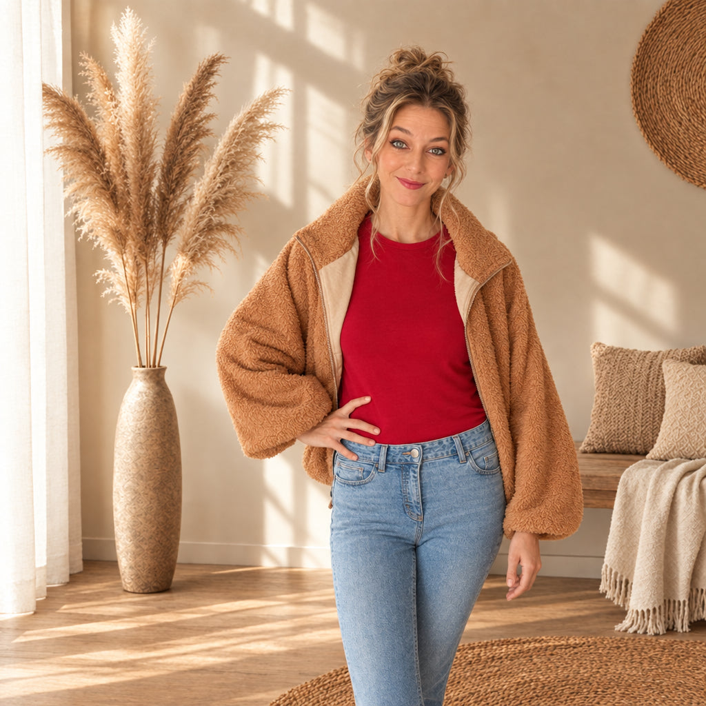 Teddyjacke Damen Beige & Karamellbraun mit Reißverschluss