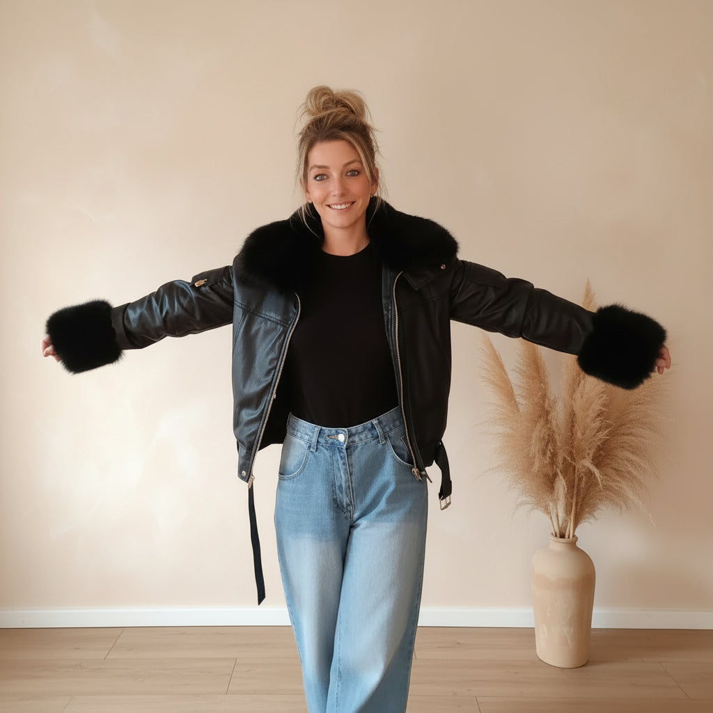 Schwarze Cropped Jacke Damen offen getragen über schwarzem Shirt und Mom Jeans, Webpelzkragen und Fellmanschetten