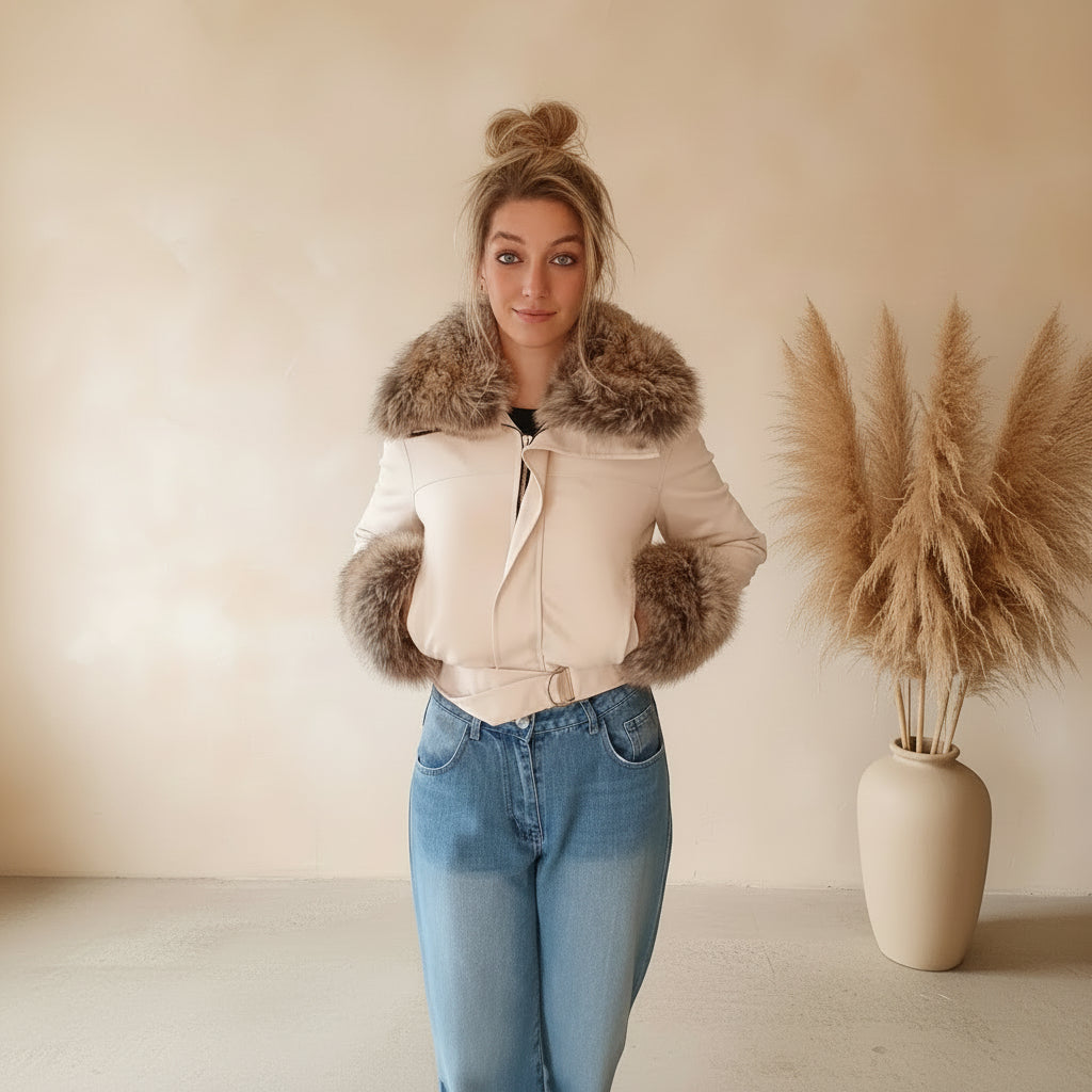 Cropped Jacke Damen cremeweiß mit Fellkragen und Fellmanschetten vor Pampasgras, Herbst-Look mit Jeans