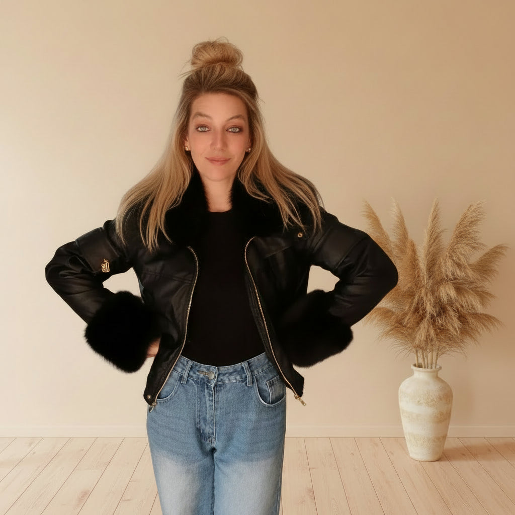 Schwarze Cropped Jacke Damen mit goldener Gürtelschnalle, Nahaufnahme von Taille und Reißverschluss