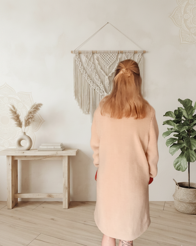 Teddy-Mantel Damen in Beige – Rückenansicht, zeigt Länge und Schnitt, Boho-Interieur