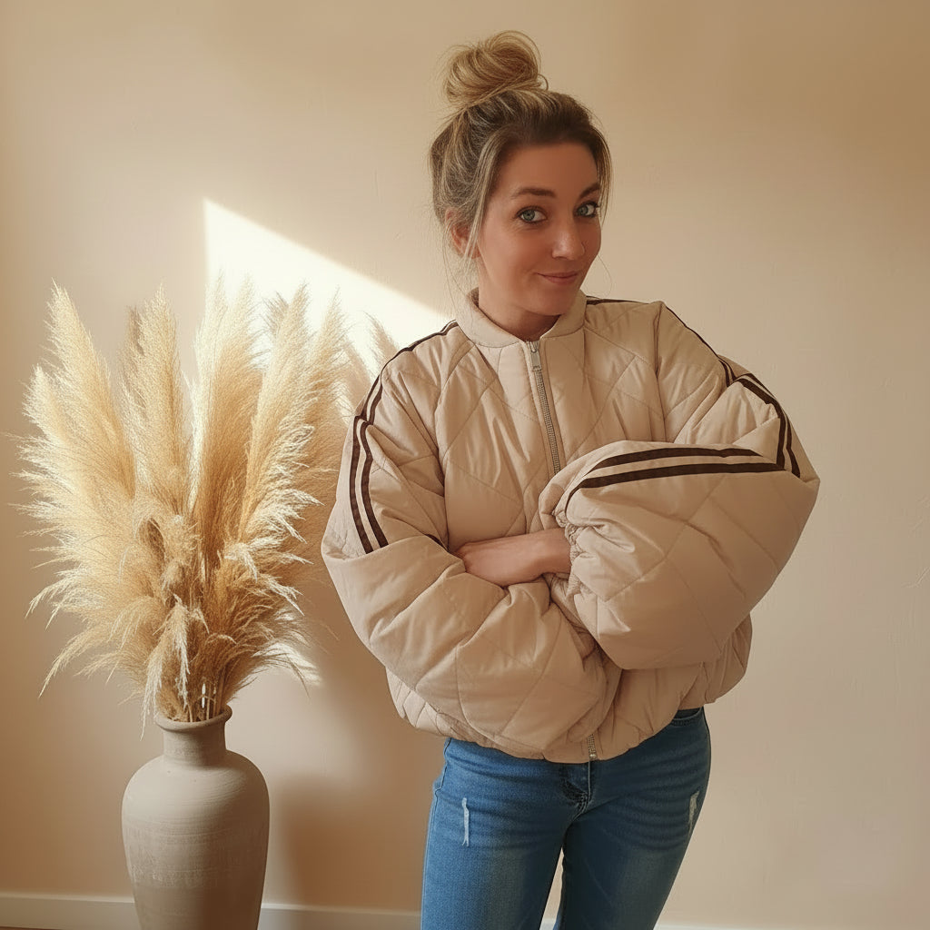 Oversize Damen Steppjacke in Beige mit schwarzen Doppelstreifen an den Ärmeln, geschlossene Frontansicht