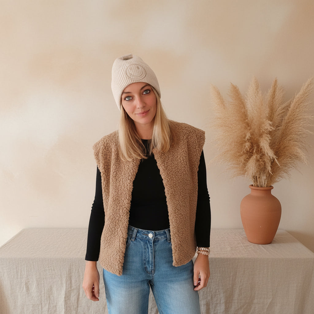Smiley-Mütze One Size – Hellblau, Creme & Orange - SK-StyleundKompetenz