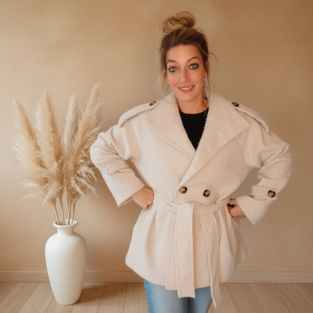 Eleganter Kurzmantel Damen creme mit Gürtel am Model