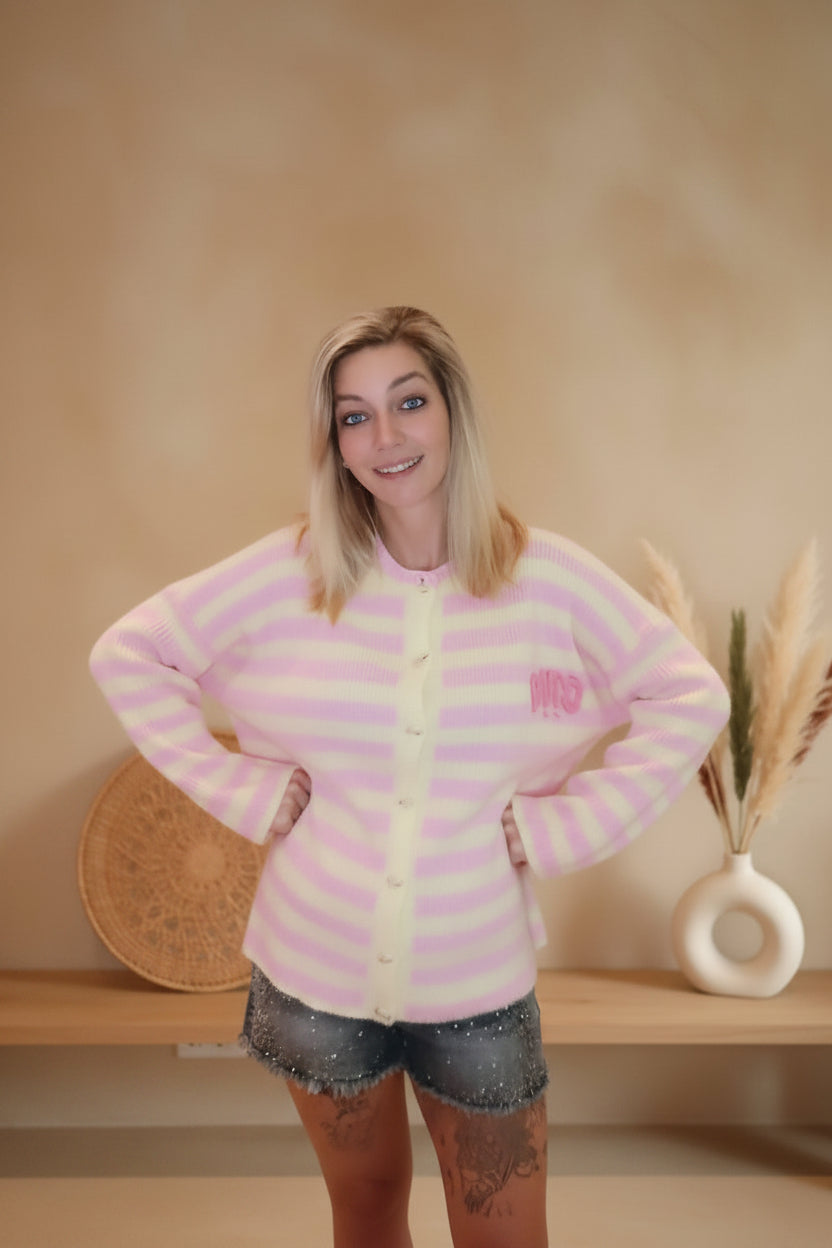 Oversize Cardigan Damen rosa-Pastellgelb Streifen Frontansicht – Strickjacke Made in Italy