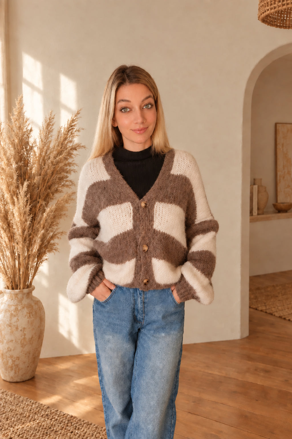 Taupe-creme gestreifter Strickcardigan mit V-Ausschnitt, am Model mit beiden Händen in den Jeanstaschen.