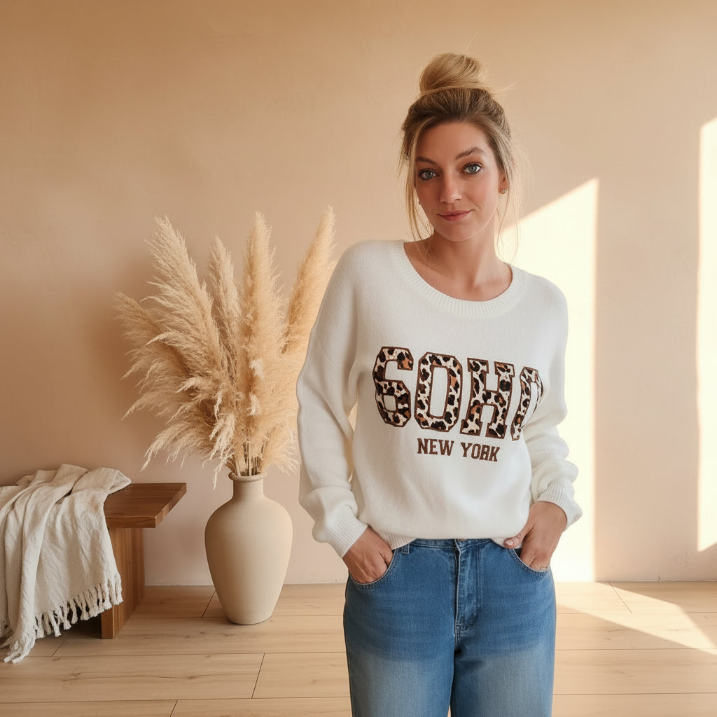 Weißer SOHO New York Pullover mit Leoprint – One Size - SK-StyleundKompetenz