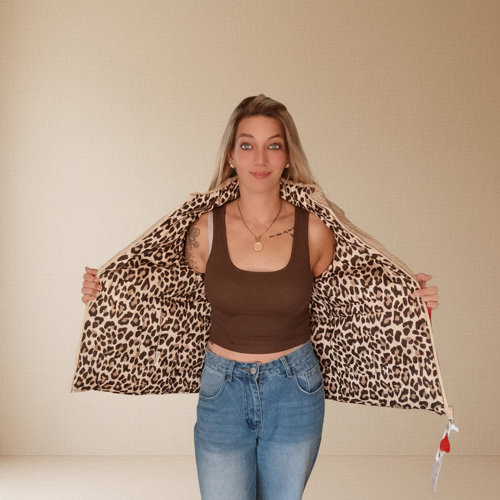 Wendeweste Leo Teddy von Zwillingsherz – Leo-Seite, Bewegungsshot, Leopardenprint Weste