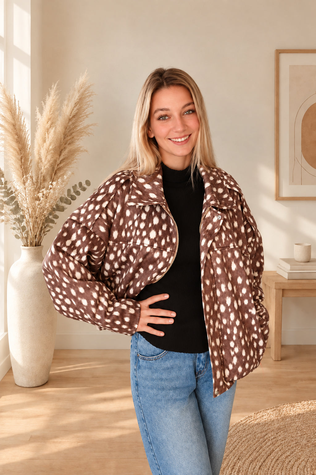 Damenjacke mit Fleckenmuster in Braun-Creme, offen zur blauen Jeans getragen, am Model mit einer Hand an der Hüfte.