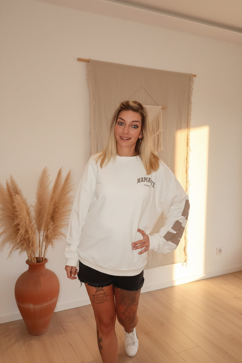 Namasté Yoga Sweater Weiß – Detailansicht Print