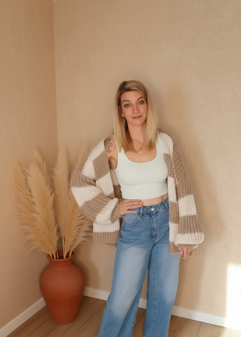 Cardigan Damen Creme – Strickjacke aus Materialmix