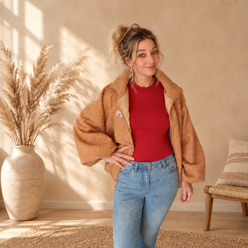 Karamellbraune Teddyjacke für Damen offen über einem roten Oberteil, Frontansicht
