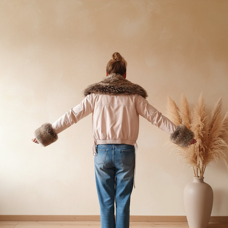 Kurze Damenjacke cremeweiß mit Fellkragen und Fellmanschetten, offener Reißverschluss, Winter-Outfit