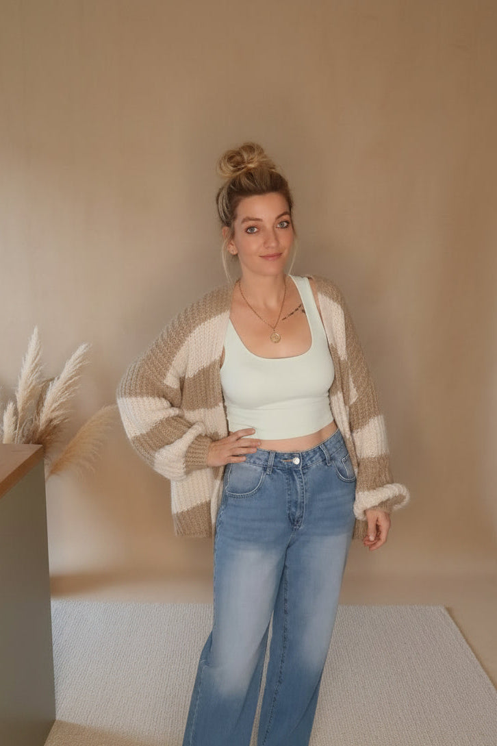 Cardigan Damen Creme – Strickjacke aus Materialmix