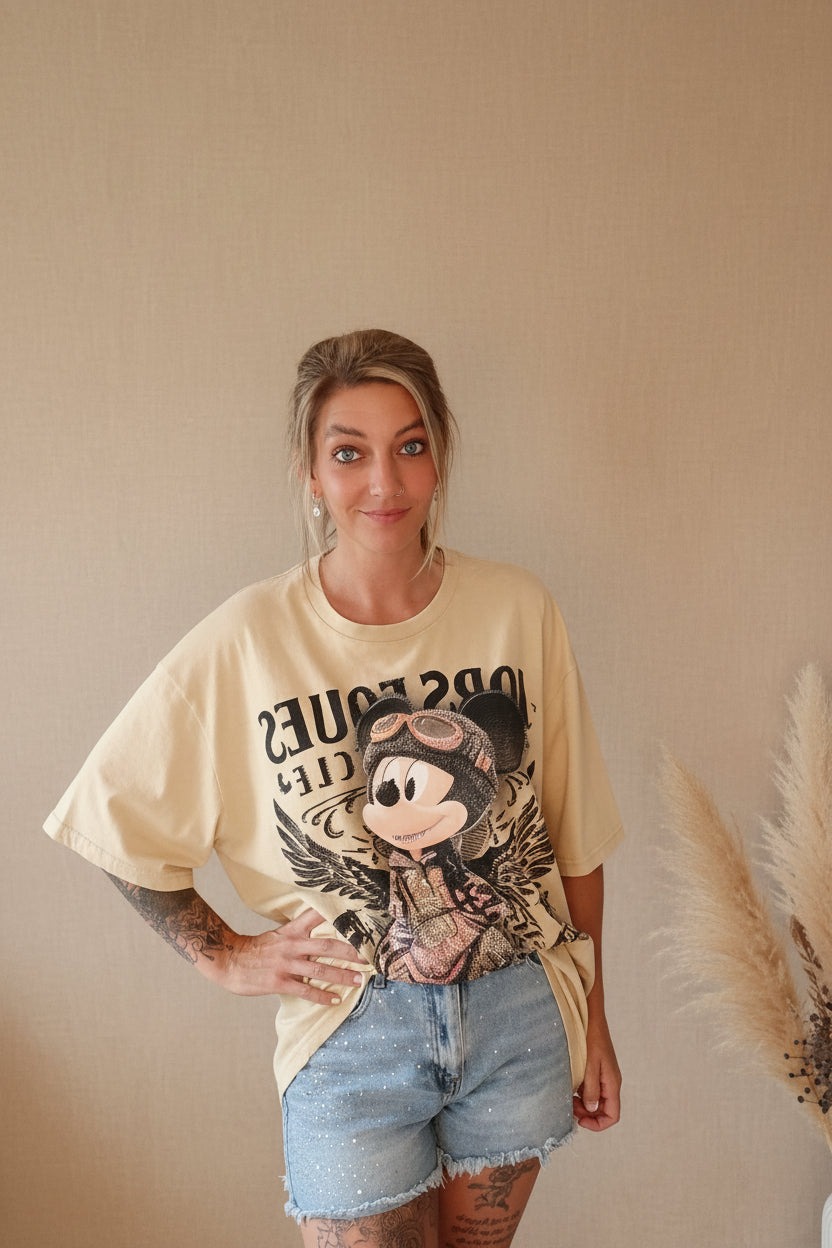 Oversize Damen T-Shirt Beige Mickey Mouse Print – lässiger Streetstyle, Pampas-Dekoration