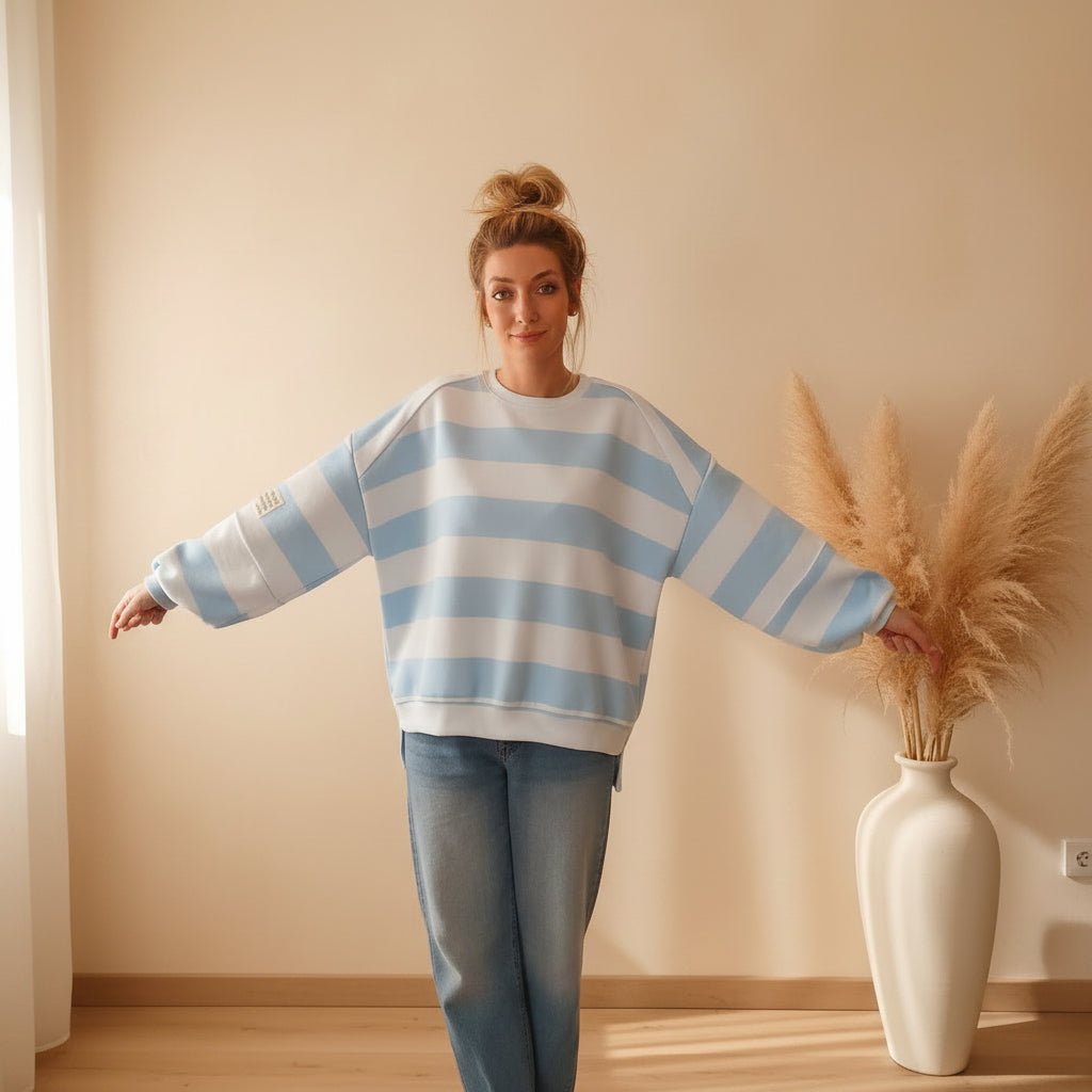 Oversized Streifen-Sweatshirt | Boho Style | Rosa & Blau