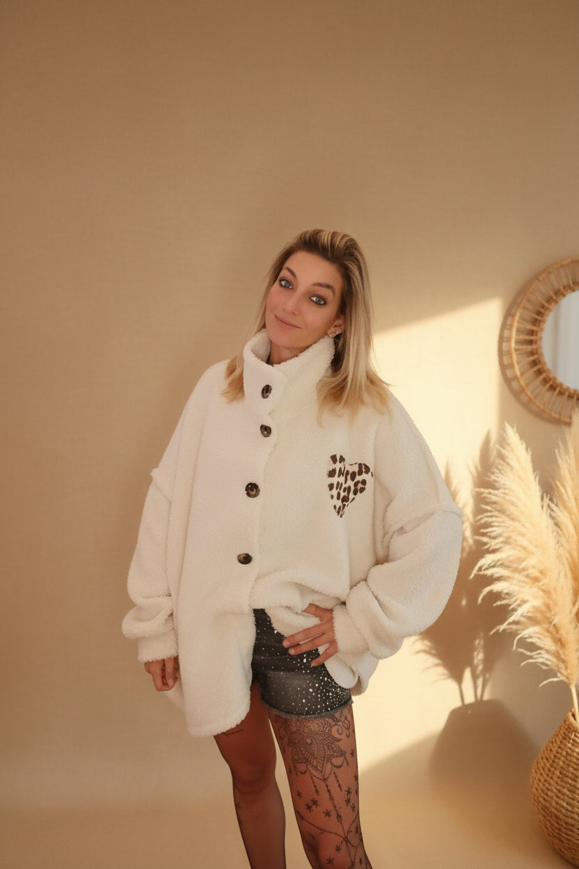 Rückenansicht Oversize Teddy-Jacke cremeweiß – Herbst Winter Jacke Damen