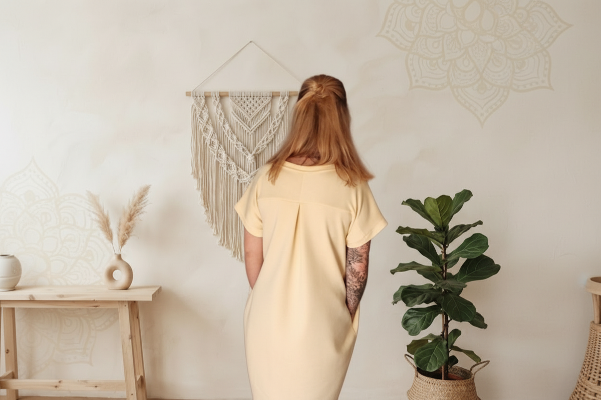 Boho-Luxe Damenkleid in hellem Gelb vor Wanddeko mit Makramee.