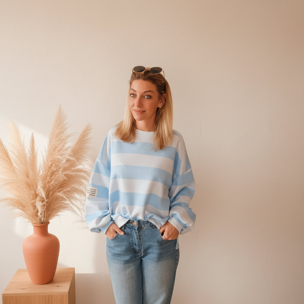 Oversized Streifen-Sweatshirt | Boho Style | Rosa & Blau