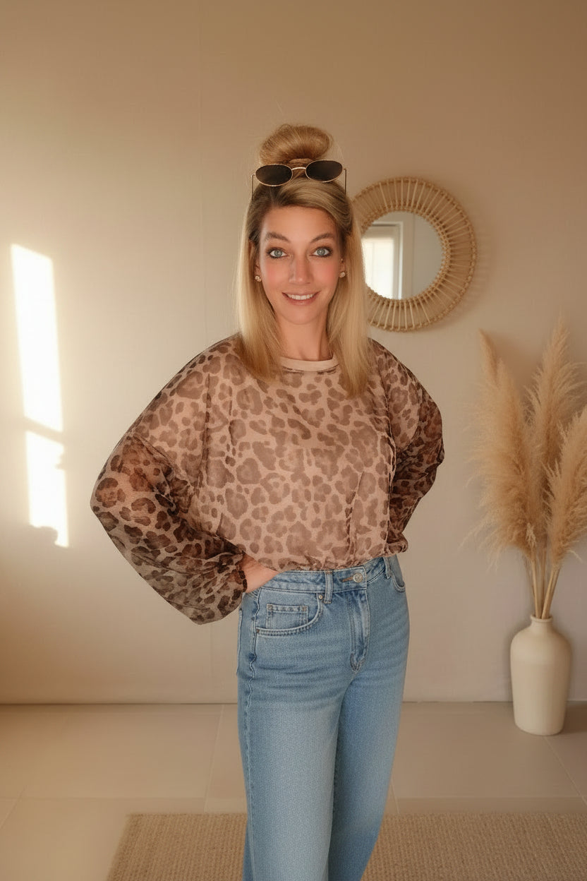 Damen Oversize Leo-Pullover Beige/Braun – One Size | Made in Italy