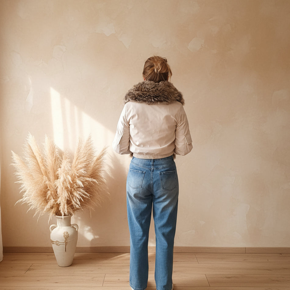 Rückenansicht der cremeweißen Cropped Jacke Damen mit Fellkragen über heller Jeans