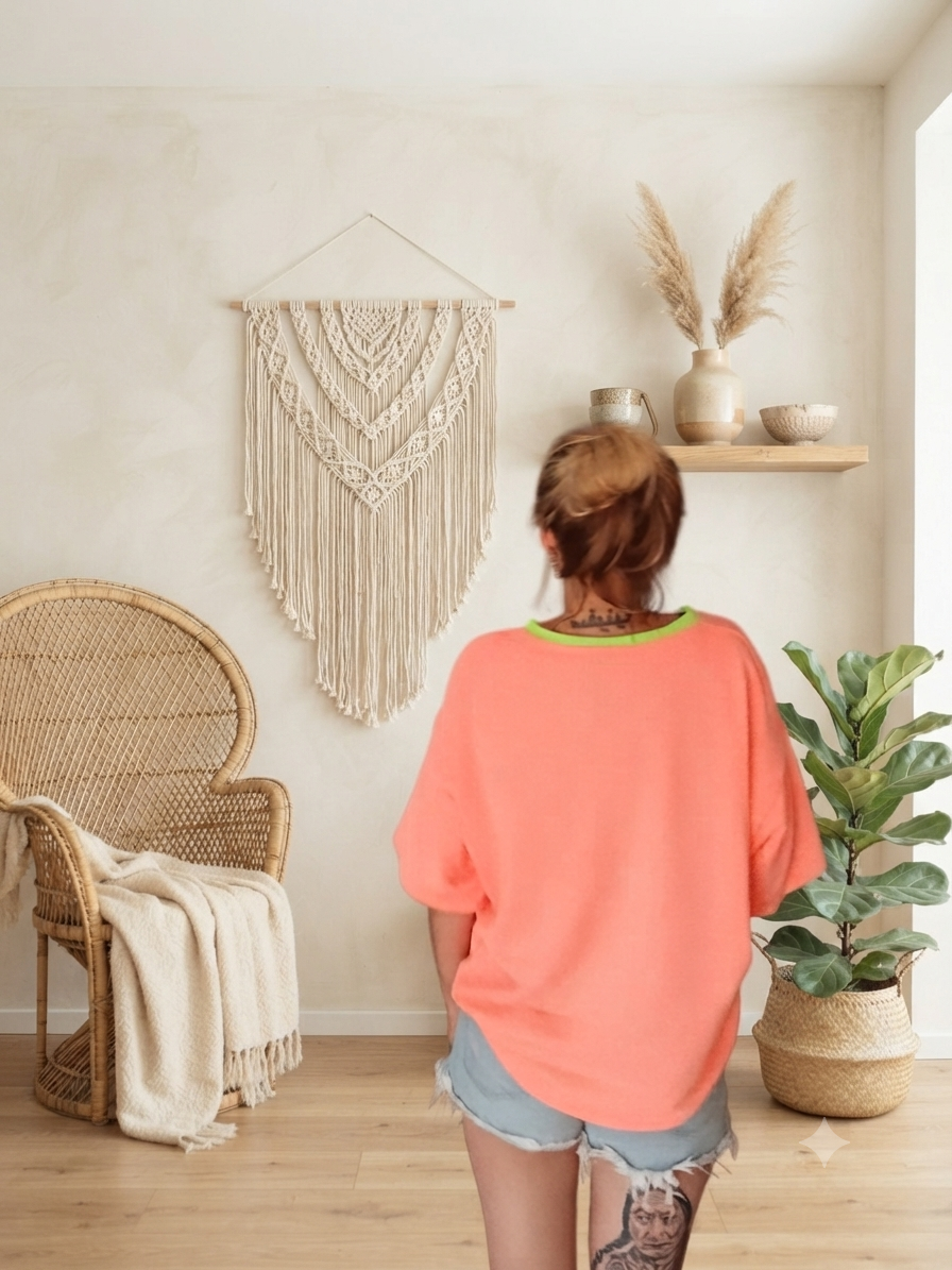 Boho-Luxe Look: Korallenfarbenes Oversize-Shirt aus weichem Stoff vor Makramee-Wanddeko.