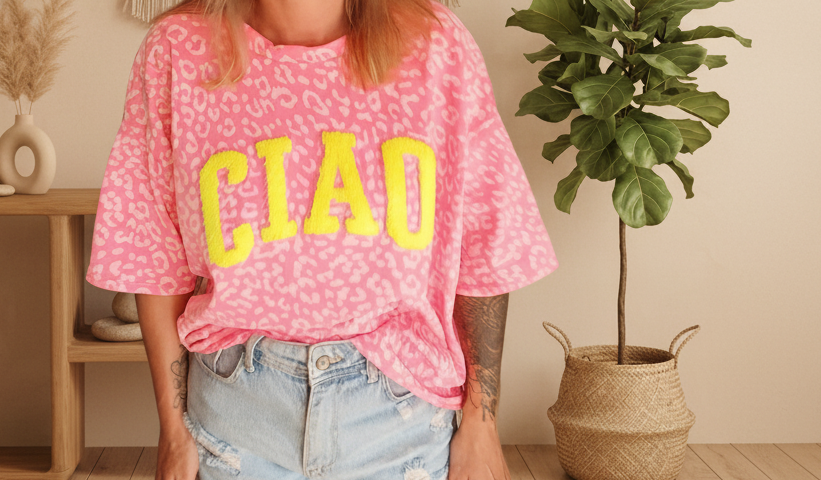 Rosa Boho-Luxe T-Shirt mit gelbem Leopardenmuster und CIAO-Schriftzug aus weichem Stoff.