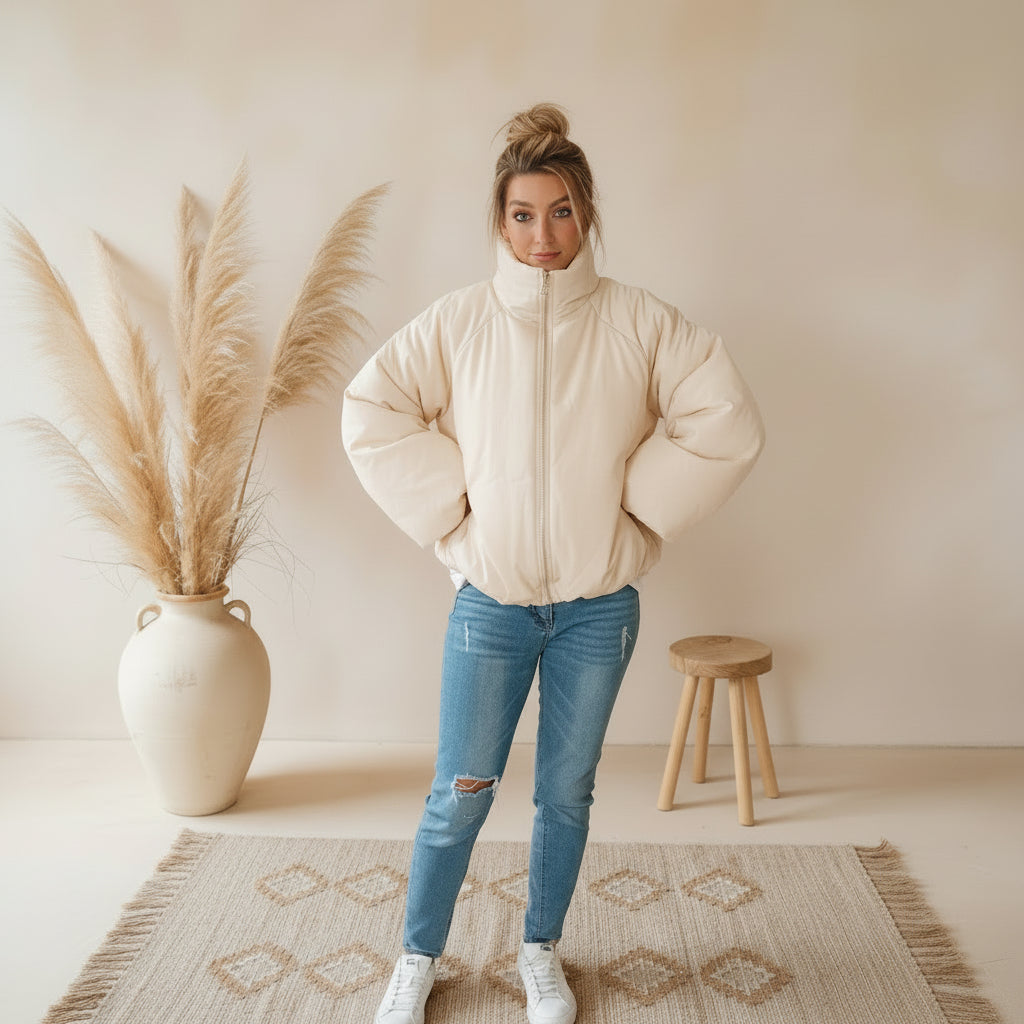 Oversize Ballonjacke Creme, Frontansicht mit geschlossenem Reißverschluss