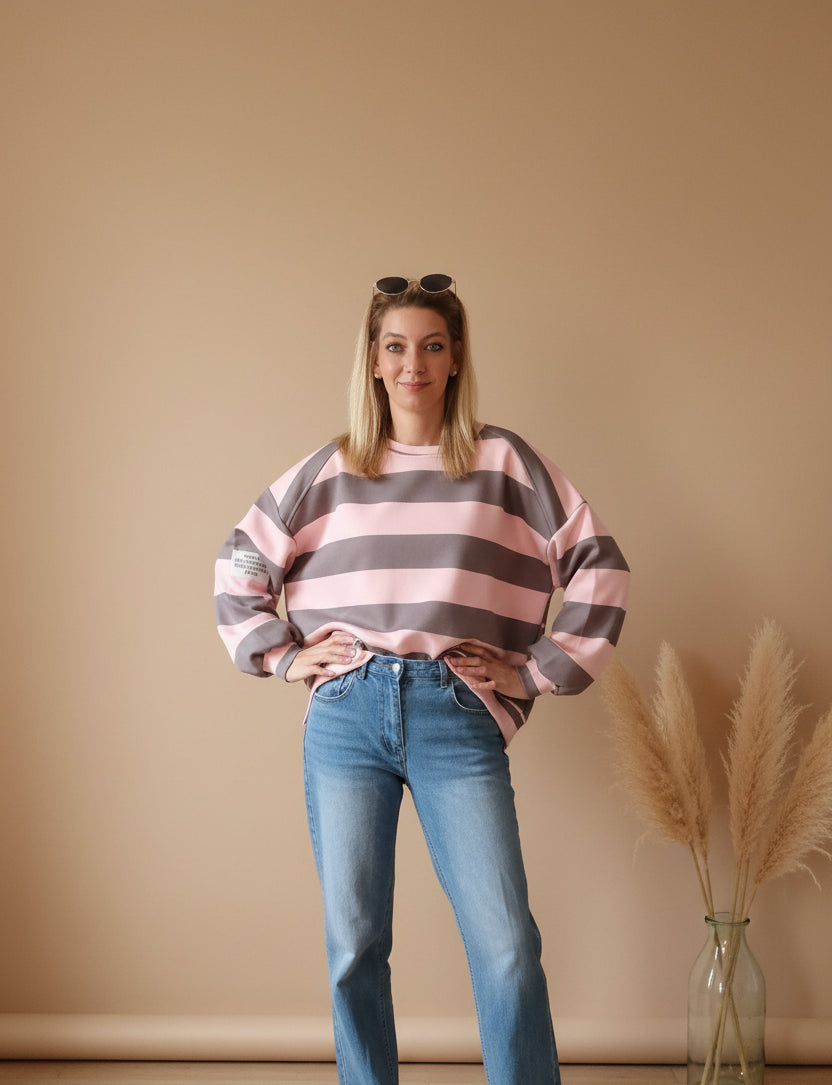 Oversized Streifen-Sweatshirt | Boho Style | Rosa & Blau