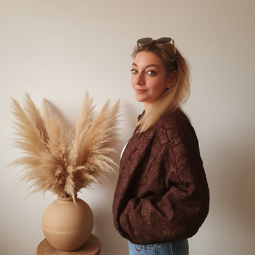 Braune Damen-Bomberjacke mit ornamentalem Muster und Reißverschluss in der Seitenansicht