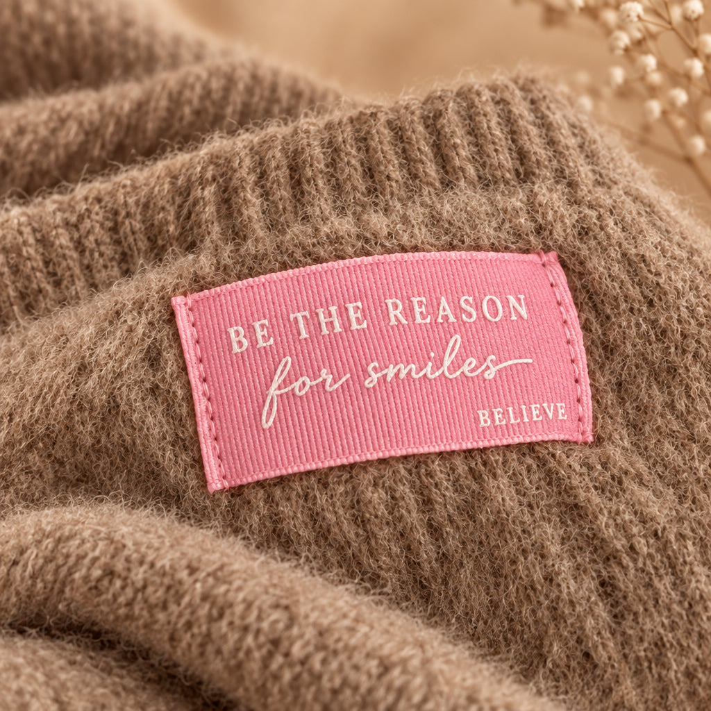 Rosa Patch mit der Aufschrift „Be the reason for smiles“ und „Believe“ auf braunem, flauschigem Strick.