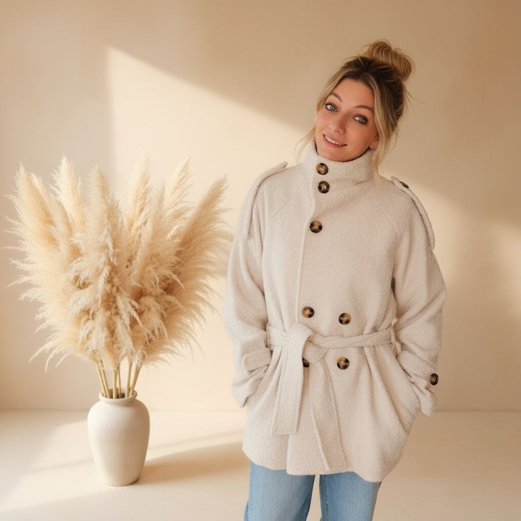 Cremefarbener Damenmantel kurz mit Gürtel, Layering-Look