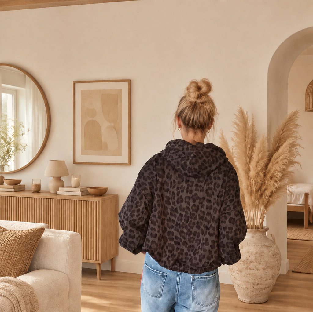 Rückansicht des kurz geschnittenen Damen-Hoodies mit dunklem Leomuster, Kapuze und gerafftem Saum.