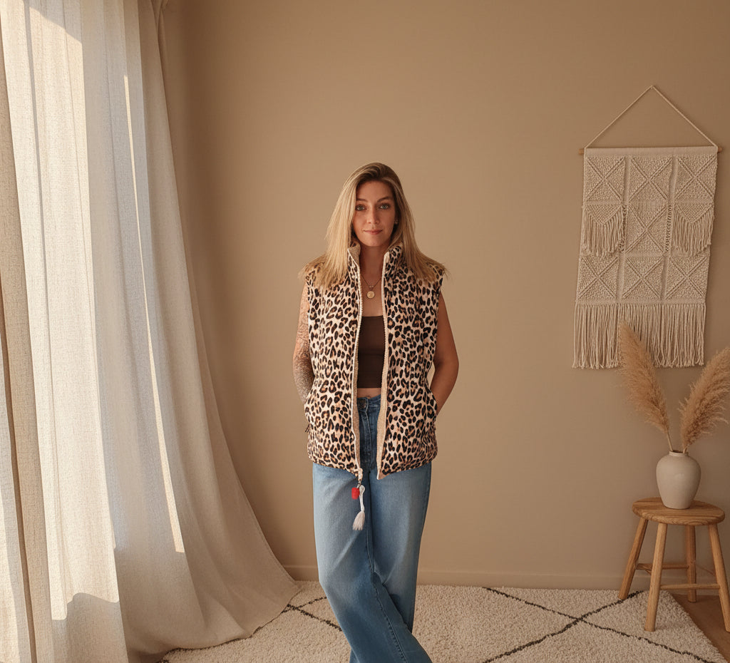 Wendeweste Leo Teddy von Zwillingsherz – Leo-Seite Detailshot, Leopardenprint Nahaufnahme