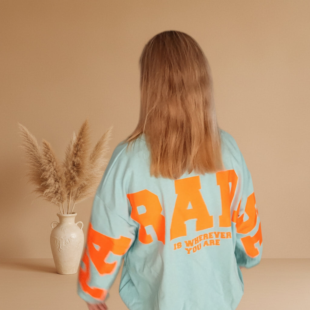 Rückansicht eines hellblauen Baumwoll-Sweatshirts von SK-Style & Kompetenz im Boho-Luxe Design.