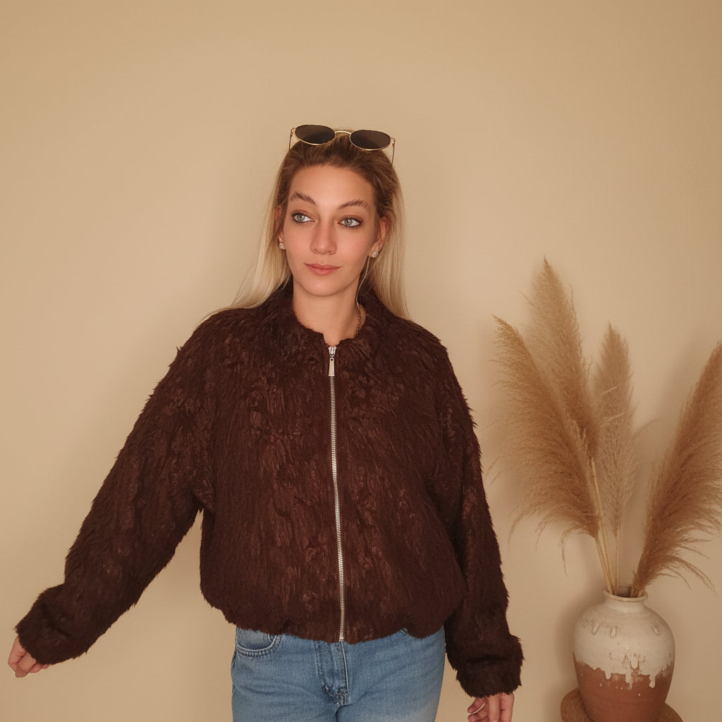 Braune Damen-Bomberjacke mit ornamentalem Muster und weitem Ärmelschnitt