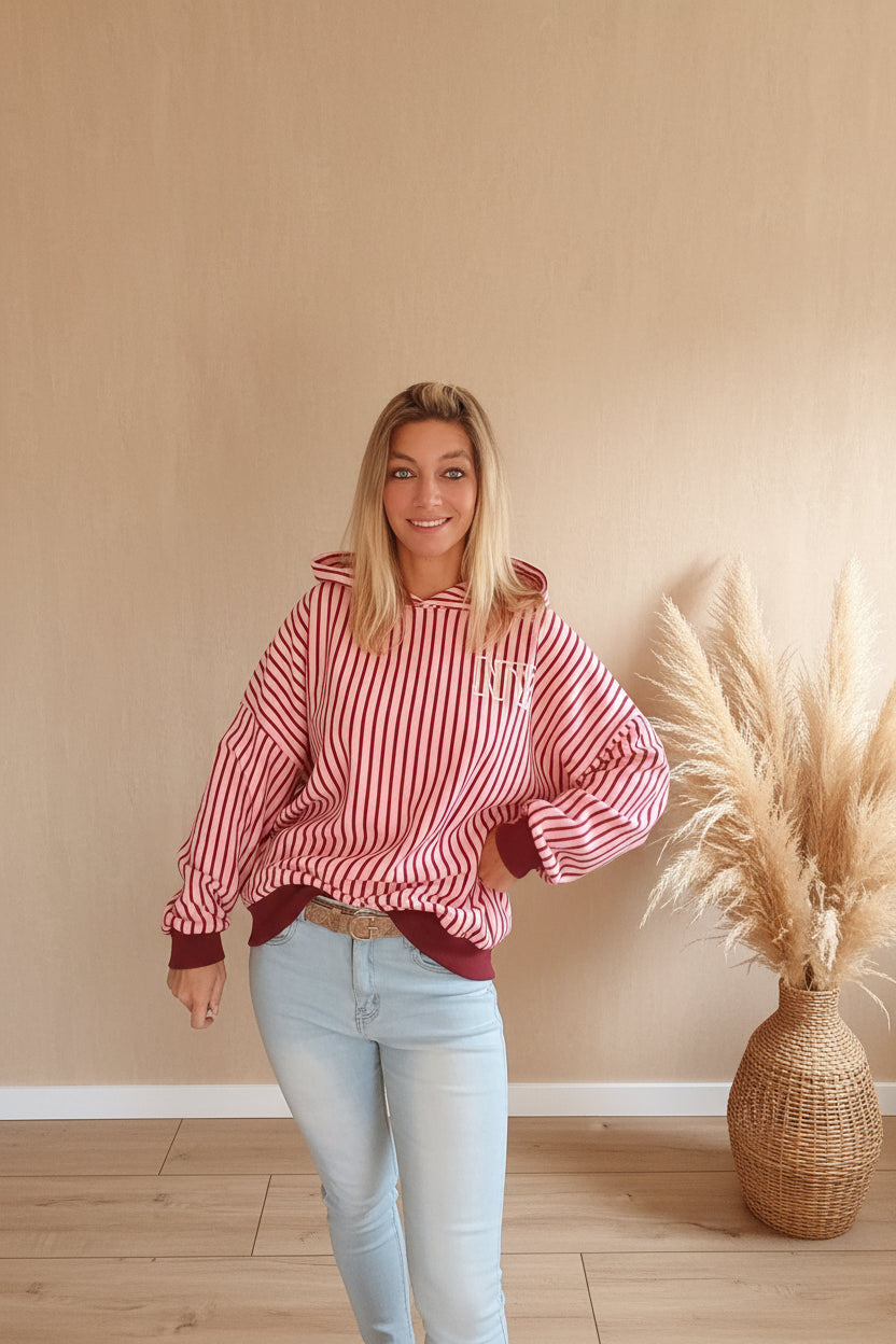 New York Hoodie Damen gestreift – Frontansicht lässig, Korbvase Pampas rechts