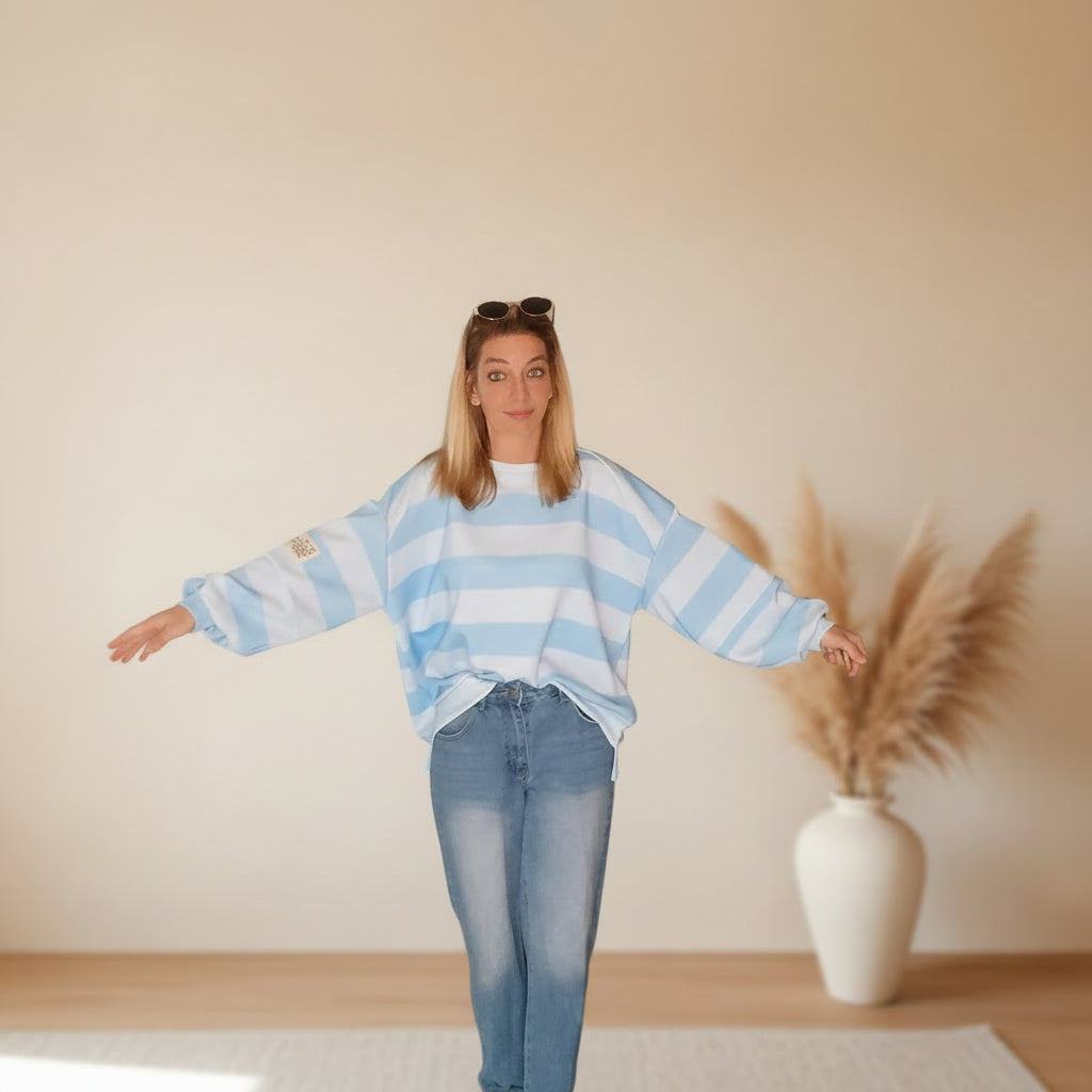 Oversized Streifen-Sweatshirt | Boho Style | Rosa & Blau
