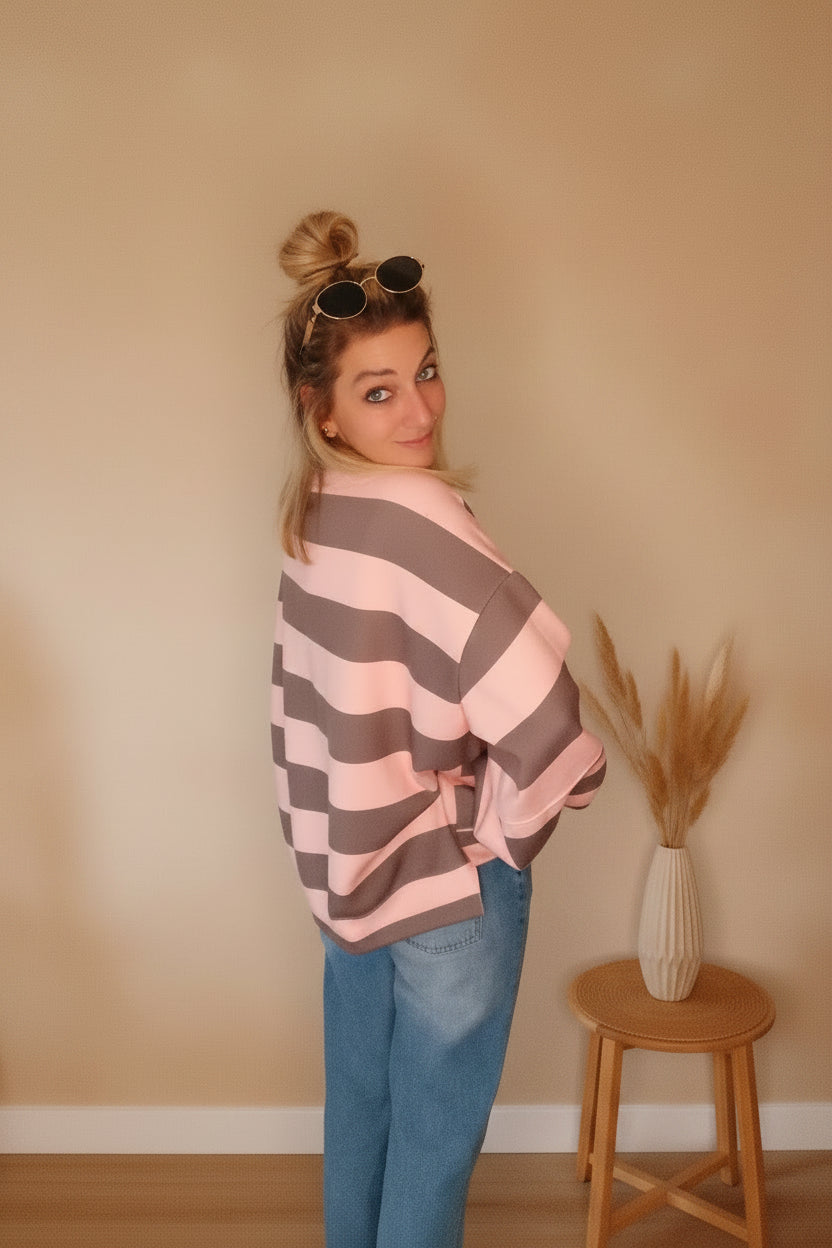 Oversized Streifen-Sweatshirt | Boho Style | Rosa & Blau