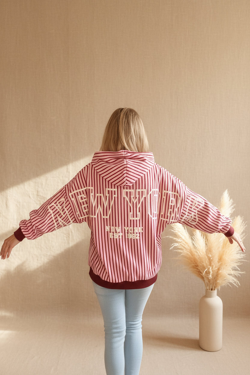 	New York Hoodie Damen gestreift – Seitenansicht lässig, Oversized Passform, One Size