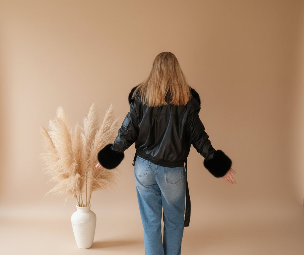 Damen Cropped Jacke schwarz von hinten, kurzer Schnitt in Lederoptik mit Webpelz an Kragen und Ärmeln