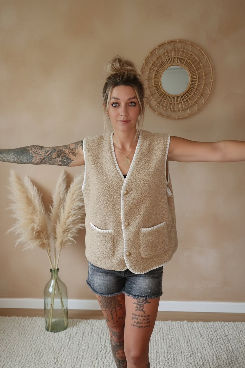 Bouclé Weste Damen Creme – Boho Luxe Gilet mit Goldknöpfen & aufgesetzten Taschen, Frontansicht S/M