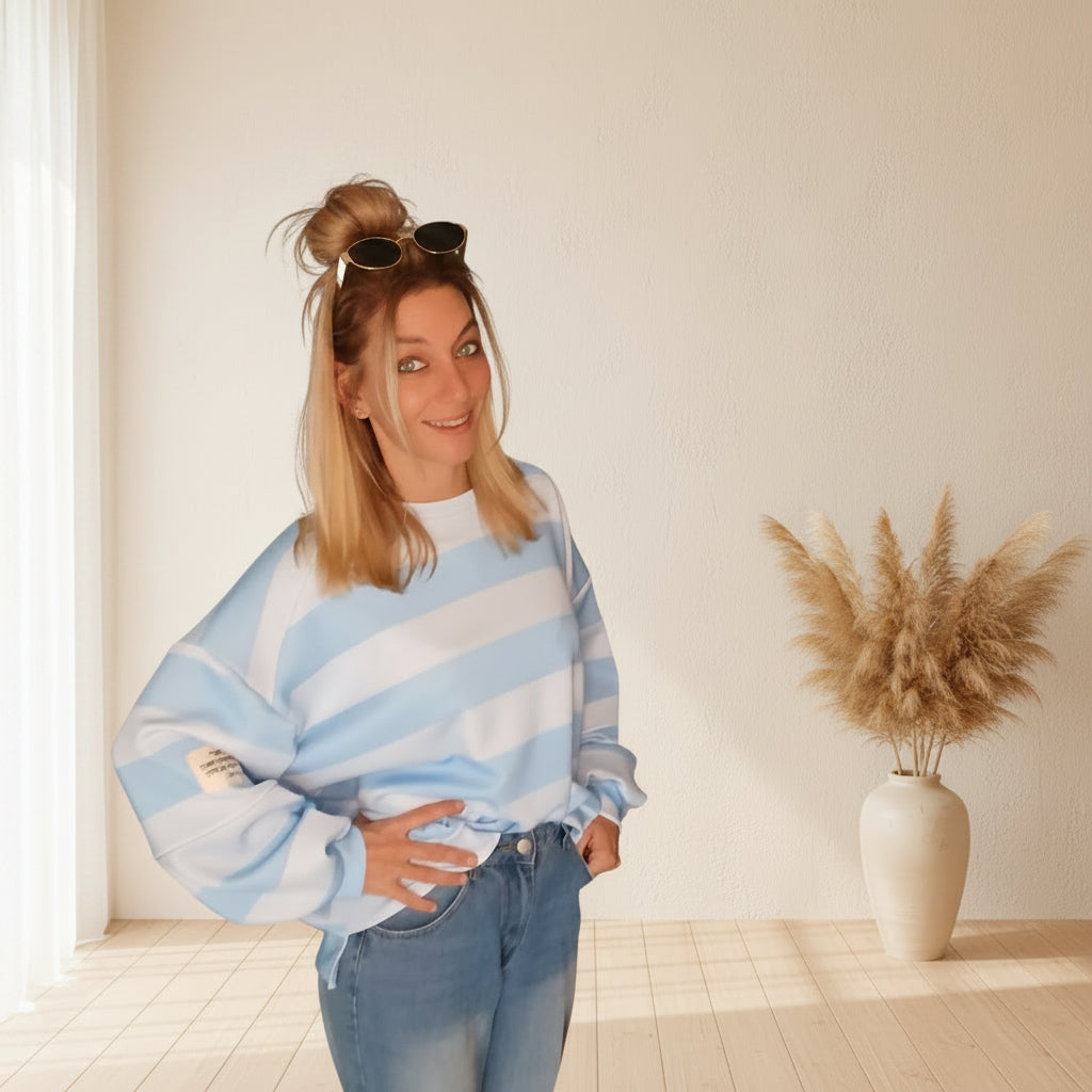 Oversized Streifen-Sweatshirt | Boho Style | Rosa & Blau