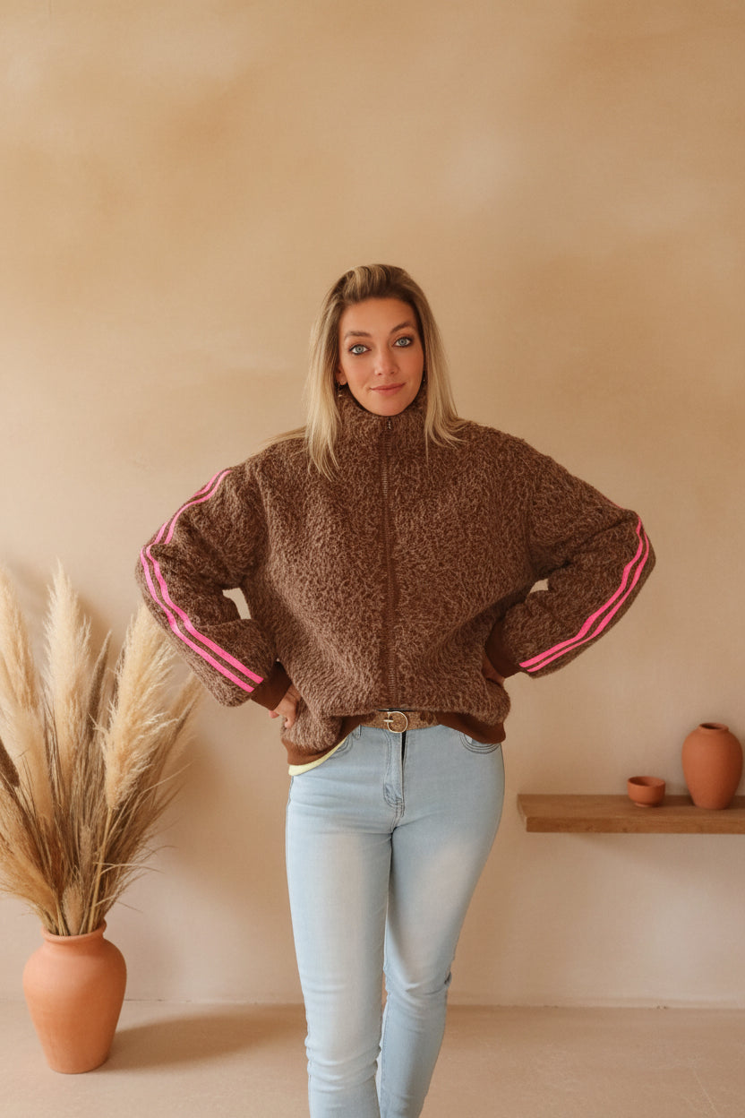 Damen Jacke braun mit pinken Streifen, Frontansicht, Made in Italy