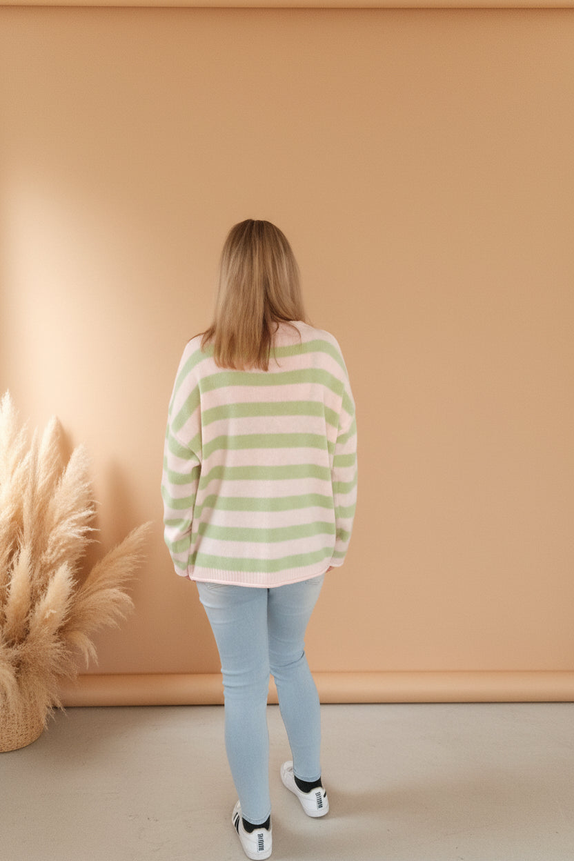 SOHO Streifenpullover Mint Rückenansicht – Oversized Knit Sweater Streifenmuster, lässiger Look